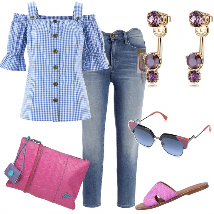 Outfit donna - Total look #1320413. Stile Casual per Tutti i giorni. Abbinamento con camicie a manica corta, borse a tracolla, sandali in pelle, jeans skinny, orecchini, occhiali da sole.