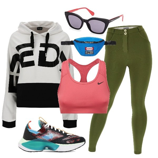 Outfit donna - Total look #1320416. Stile Sporty chic per Sport. Abbinamento con pantaloni skinny, felpe con cappuccio, sneakers, top, occhiali da sole, marsupi.