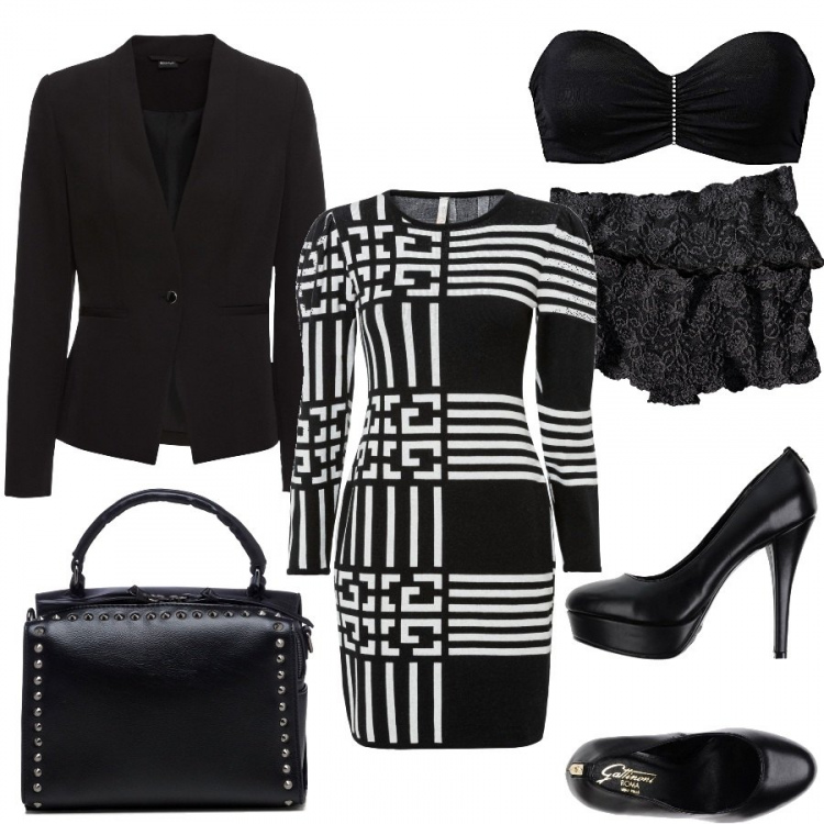 Outfit donna - Nero in ogni stile. Stile Sporty chic per Tutti i giorni. look ideale per Petite. Abbinamento con culotte, blazer, vestiti, reggiseni a balconcino, décolleté, borse a mano.