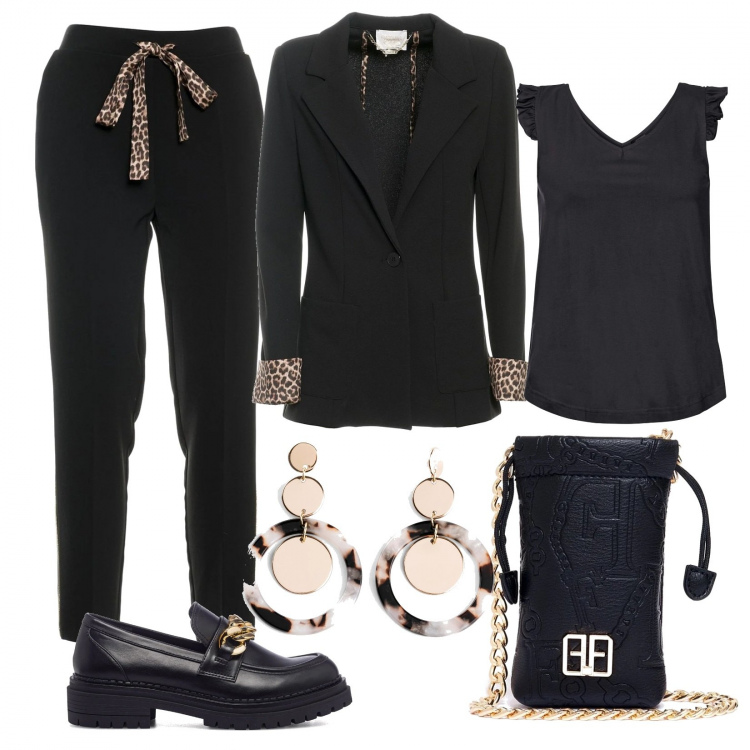 Outfit donna - Woman in black. Stile Casual per Ufficio. Abbinamento con top, orecchini, pantaloni, blazer, borse a mano, mocassini.