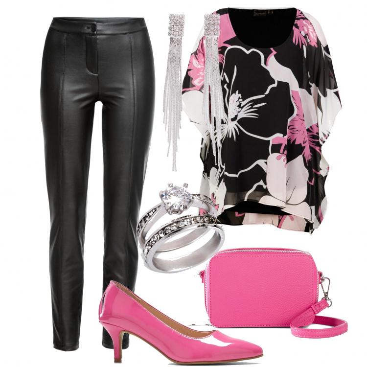 Outfit donna - BonPrix flower. Stile Trendy per Serata fuori. Abbinamento con vestiti a tubino, tuniche, pantaloni, décolleté, anelli, orecchini.