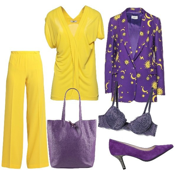 Outfit donna - Viola e giallo. Stile Basic per Ufficio. Abbinamento con blazer, pantaloni, bluse, décolleté, borse a mano, reggiseni.