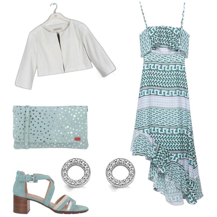 Outfit donna - L\'abito estivo asimmetrico. Stile Urban per Tutti i giorni. Abbinamento con vestiti midi/longuette, sandali in pelle, borse a tracolla, blazer, orecchini.