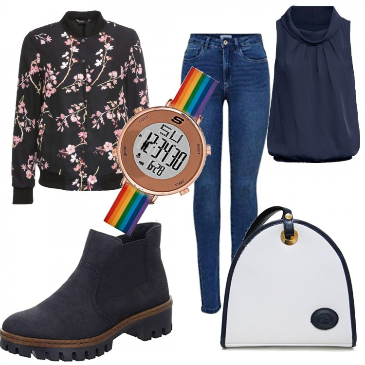 Outfit donna - Pronti per la partenza.. Stile Urban per Tutti i giorni. Abbinamento con top, bomber, stivaletti chelsea, valigie, jeans skinny, orologi digitali.