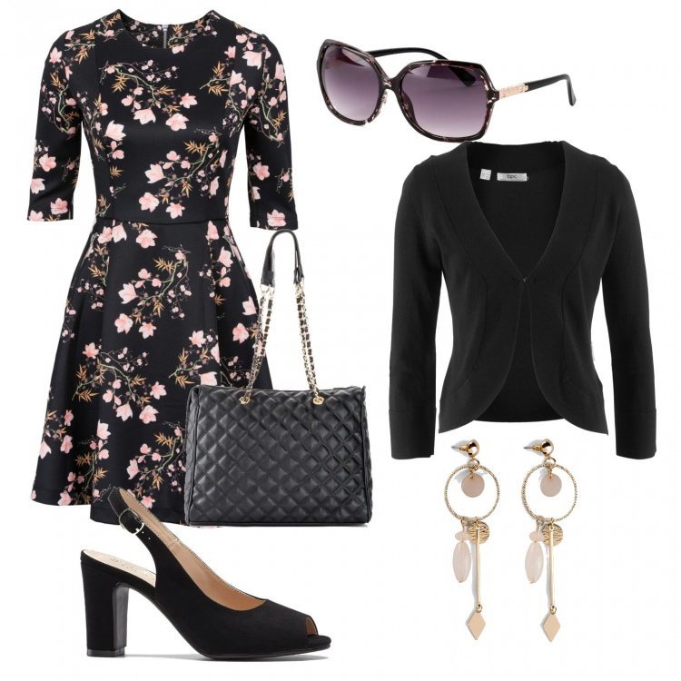 Outfit donna - Vestito a fiori. Stile Bon Ton per Serata fuori. Abbinamento con orecchini, vestiti, vestiti lunghi, blazer, occhiali da sole, shopping bag.