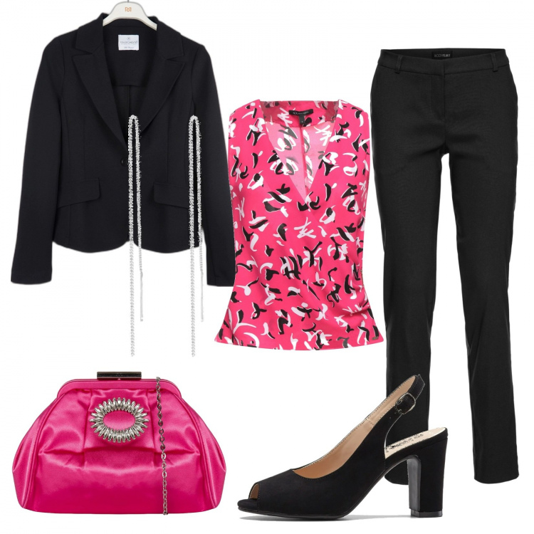 Outfit donna - Serata chic. Stile Chic per Serata fuori. look ideale per Tall. Abbinamento con pantaloni, vestiti, top, blazer, clutch, orecchini.