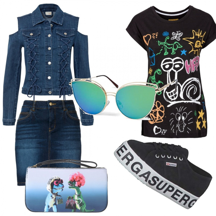 Outfit donna - Dinosauri. Stile Urban per Tutti i giorni. Abbinamento con t-shirt, gonne, giacche, borse a mano, sneakers alte, occhiali da sole.
