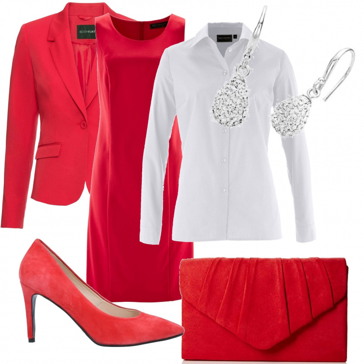 Outfit donna - Vestito senza manica rosso con camicia. Stile Chic per Cerimonia. Abbinamento con camicie, vestiti a tubino, blazer, décolleté, pochette, orecchini.