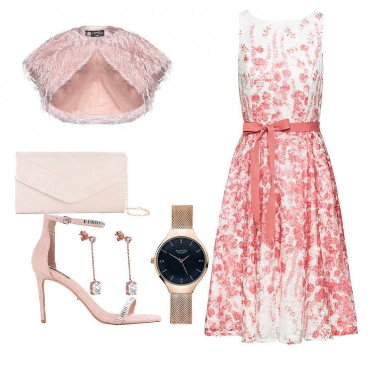 Outfit donna - Bon Ton #3272. Stile Bon Ton Abbinamento con pochette, vestiti midi/longuette, bolero, sandali col tacco, orologi analogici.