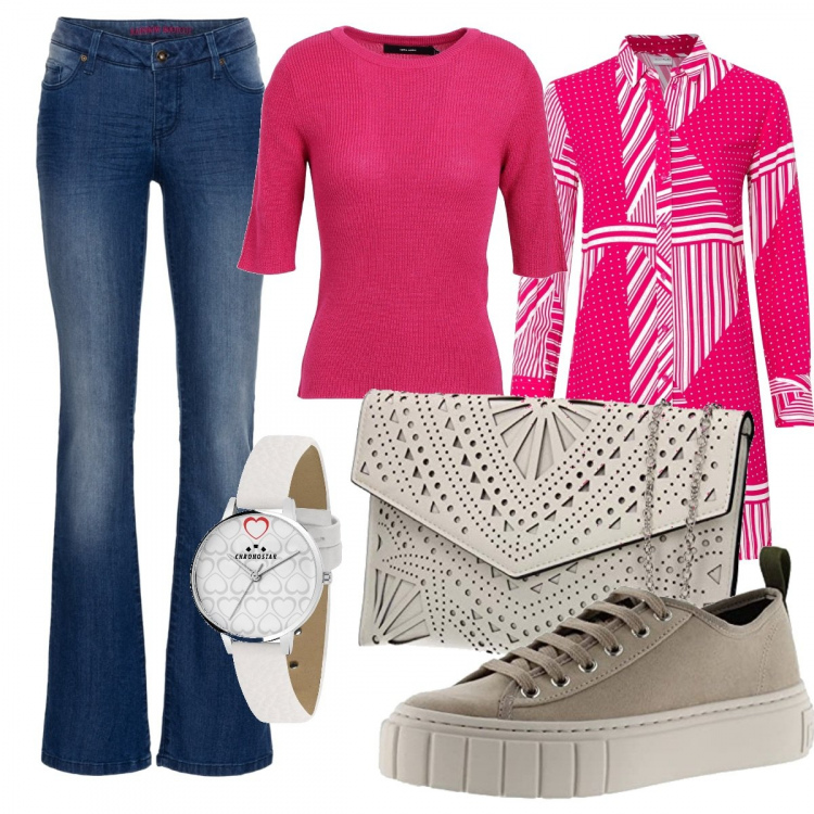 Outfit donna - Trendy #6442. Stile Trendy per Tutti i giorni. Abbinamento con jeans bootcut, camicie, pullovers, orologi, sneakers, pochette.
