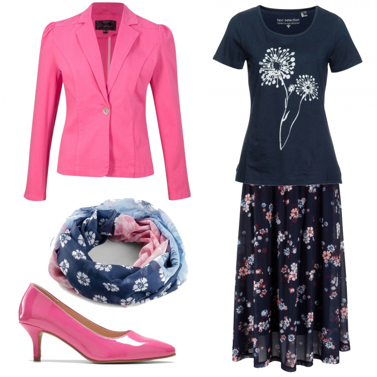 Outfit donna - Fucsia e blu. Stile Romantica per Serata fuori. Abbinamento con camicie a manica corta, gonne longuette, t-shirt, décolleté, foulard.