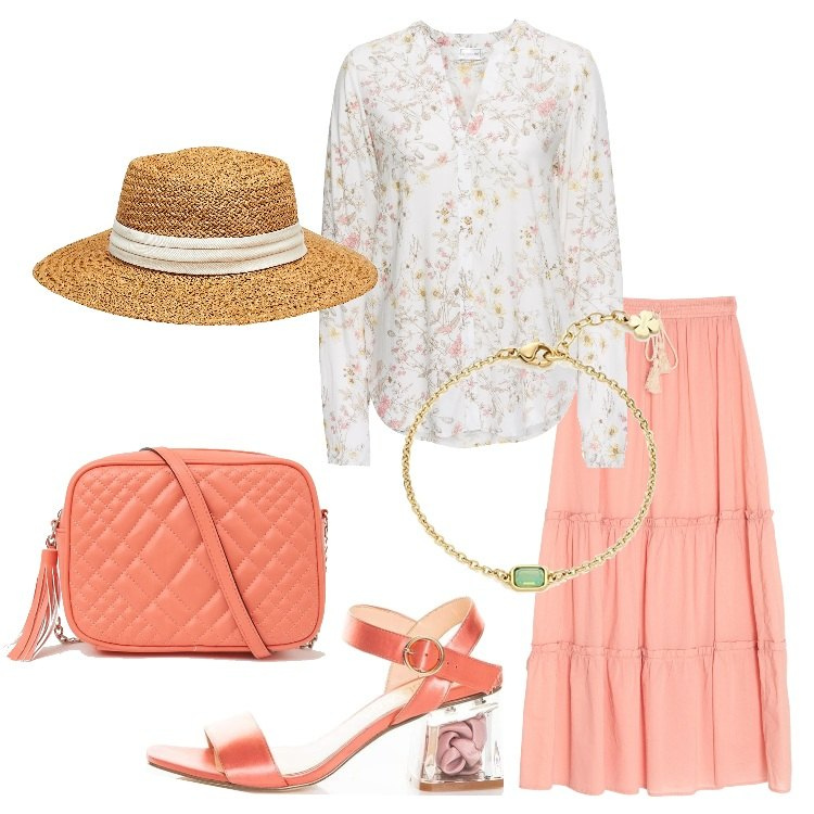 Outfit donna - Così romantica. Stile Romantica per Tutti i giorni. Abbinamento con camicie, gonne lunghe, cappelli, sandali col tacco, borse a tracolla, braccialetti.