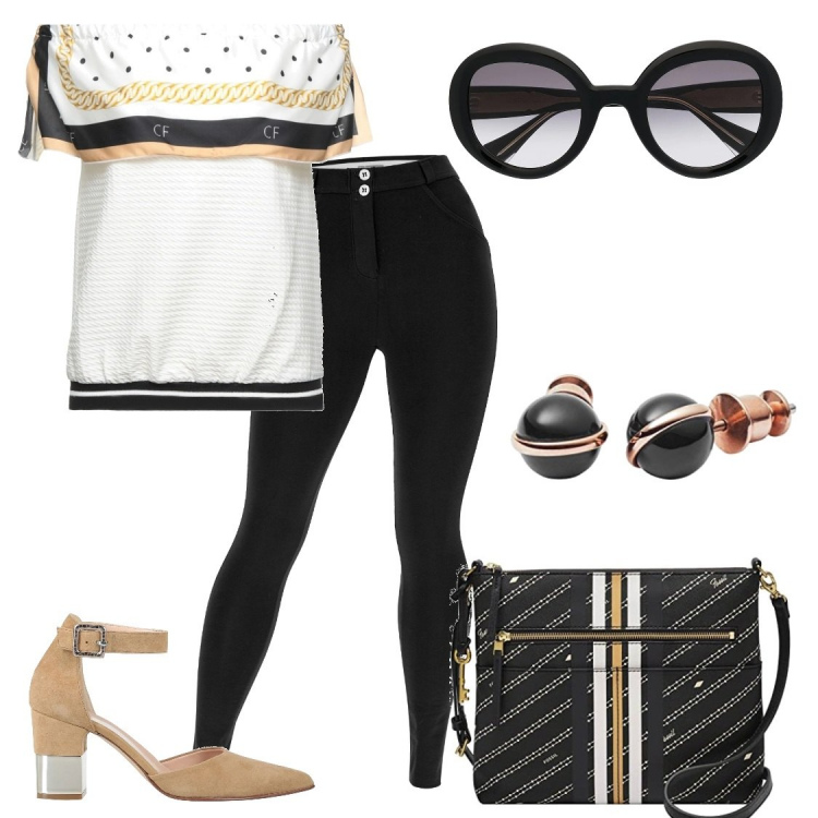 Outfit donna - Chic #6198. Stile Chic per Serata fuori. Abbinamento con bluse, décolleté, occhiali da sole, pantaloni skinny, borse a tracolla, orecchini.