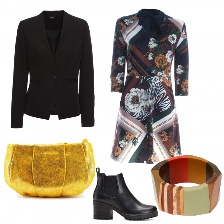 Outfit donna - Bon Ton #3280. Stile Bon Ton per Tutti i giorni. Abbinamento con blazer, stivaletti chelsea, vestiti corti, pochette, braccialetti.