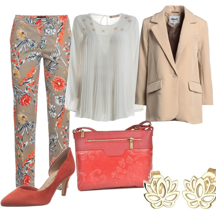 Outfit donna - Total look #1321115. Stile Casual chic per Ufficio. Abbinamento con pantaloni, blazer, borse a spalla, bluse, décolleté, orecchini.
