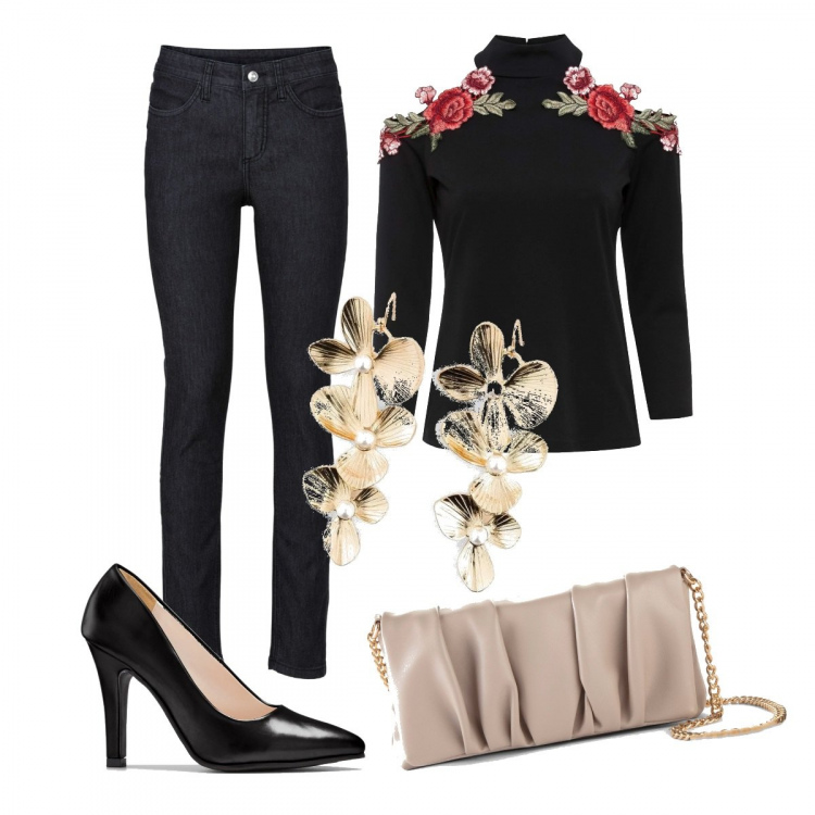 Outfit donna - Semplicemente di sera. Stile Basic per Serata fuori. Abbinamento con jeans skinny, maglieria, orecchini, décolleté, borse a tracolla.
