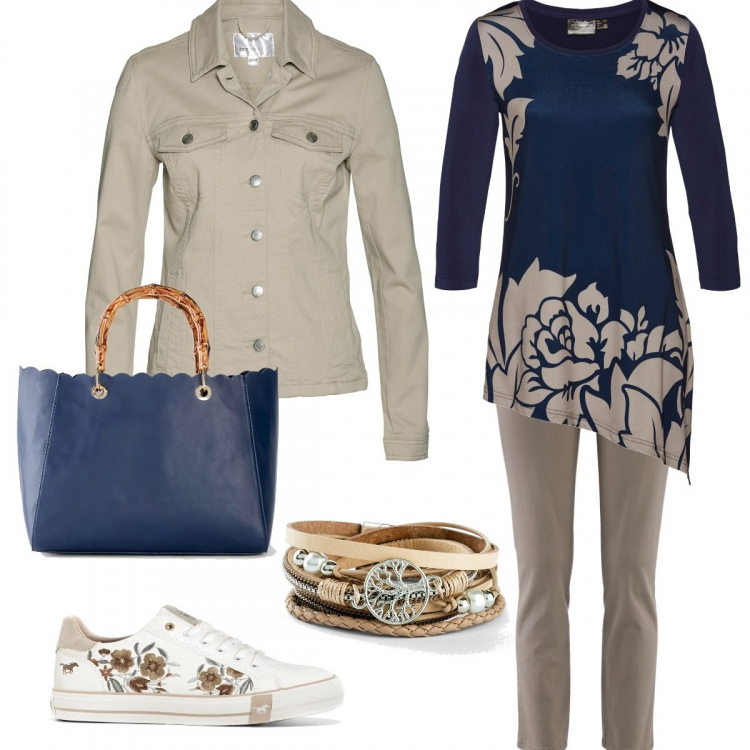 Outfit donna - Fiori sportivi. Stile Basic per Tutti i giorni. Abbinamento con pantaloni, blazer, sneakers, braccialetti, maglieria, borse a mano.