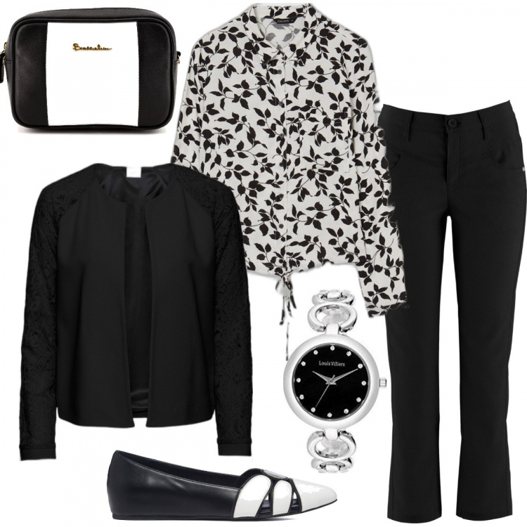 Outfit donna - Bon ton in bianco e nero. Stile Bon Ton per Ufficio. Abbinamento con blazer, pantaloni, borse a tracolla, camicie, ballerine, orologi analogici.