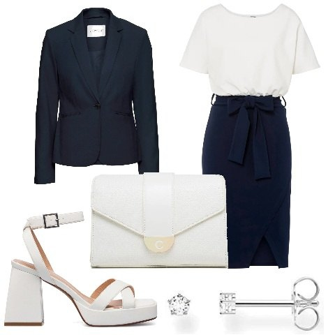 Outfit donna - Bon Ton contemporaneo. Stile Bon Ton per Tutti i giorni. Abbinamento con blazer, vestiti, sandali in pelle, borse a tracolla, orecchini.
