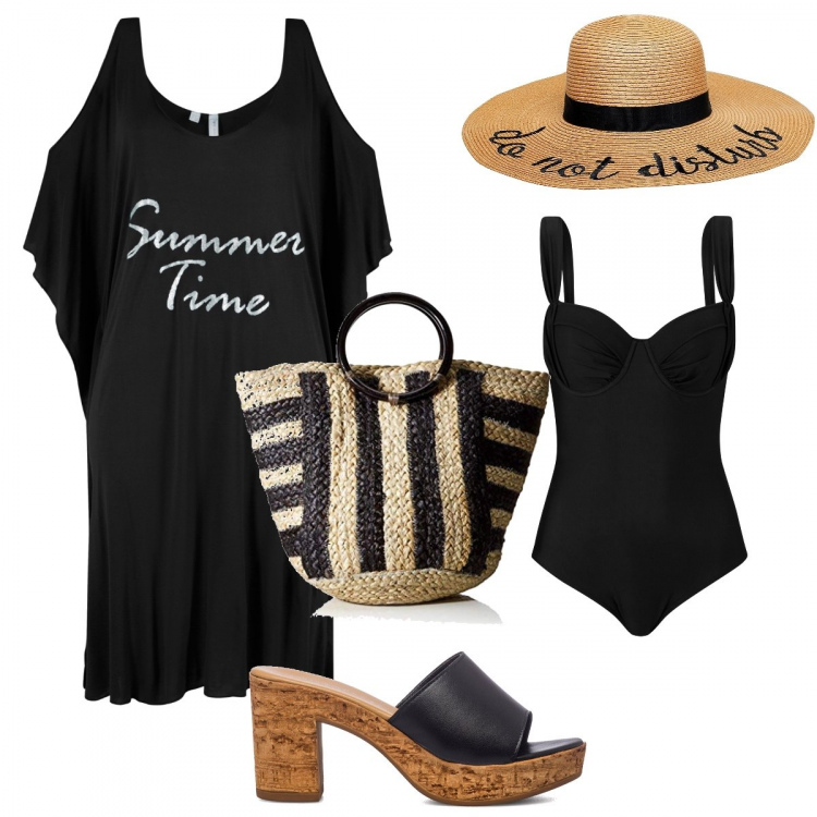 Outfit donna - Vacanze finalmente. Stile Glamour per Tutti i giorni. Abbinamento con vestiti da spiaggia, costumi interi, cappelli, sandali in pelle, borse tote.