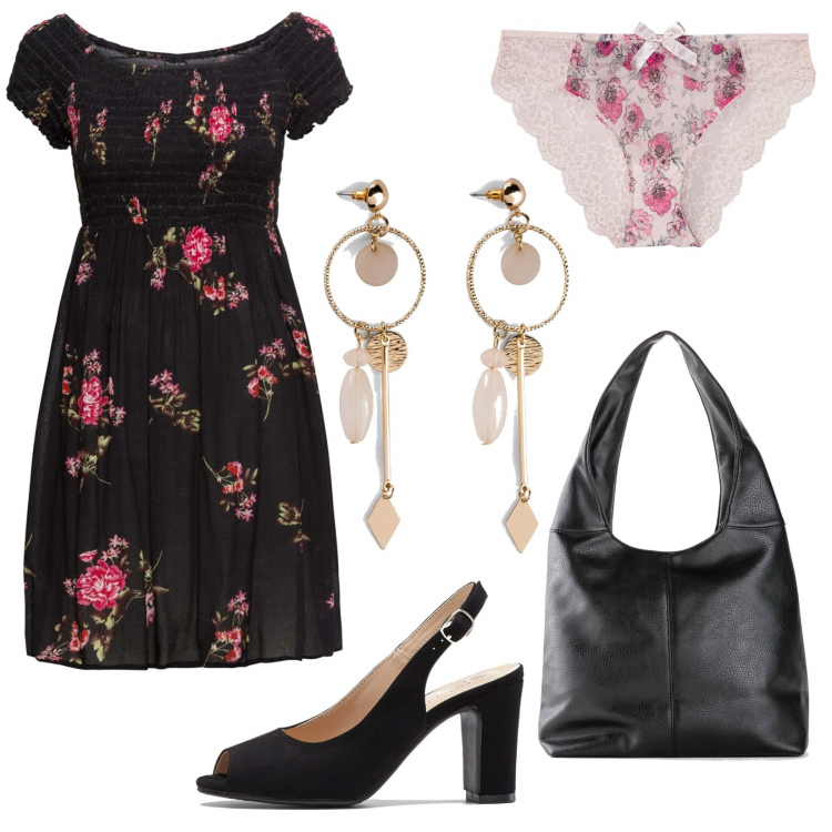 Outfit donna - Bon Prix flower party. Stile Romantica per Serata fuori. Abbinamento con vestiti, orecchini, vestiti, borse a spalla, slip.