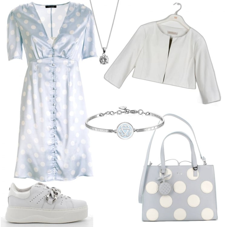 Outfit donna - Giornata di commissioni. Stile Preppy per Tutti i giorni. Abbinamento con collane, vestiti, braccialetti, blazer, sneakers, borse a tracolla.