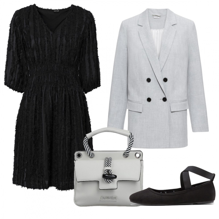 Outfit donna - Grigio chiaro. Stile Bon Ton per Ufficio. Abbinamento con ballerine, vestiti, blazer, borse a mano.