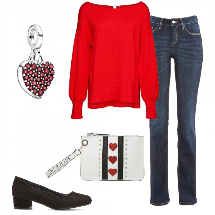 Outfit donna - Hearts. Stile Casual chic per Serata fuori. Abbinamento con jeans dritti, décolleté, clutch, pullovers, ciondoli.