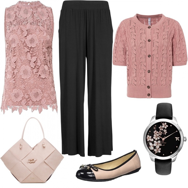 Outfit donna - Romantica ma non troppo. Stile Romantica per Ufficio. Abbinamento con pantaloni, top, cardigans, borse a spalla, ballerine, orologi.