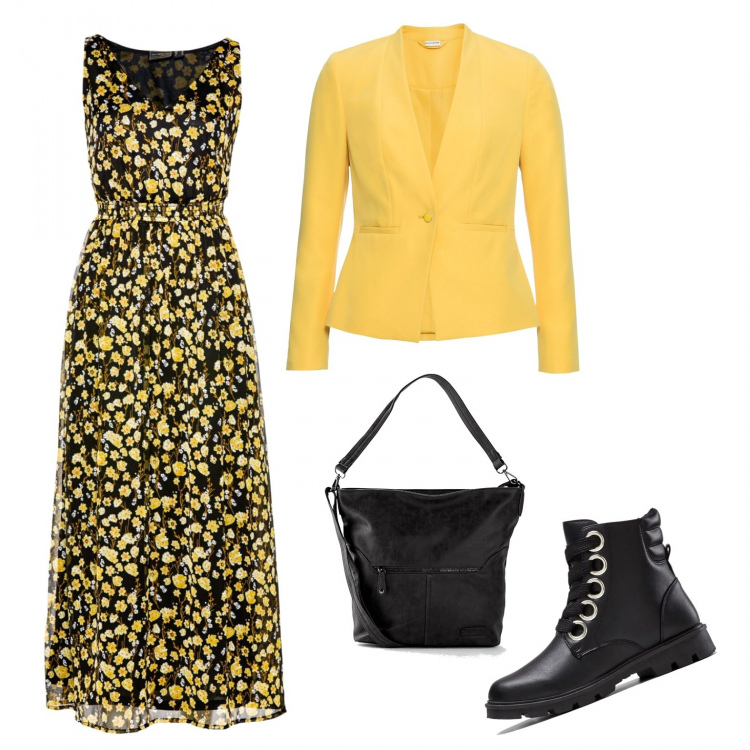 Outfit donna - Fiori gialli. Stile Romantica per Tutti i giorni. Abbinamento con borse a tracolla, vestiti, blazer, stivaletti.