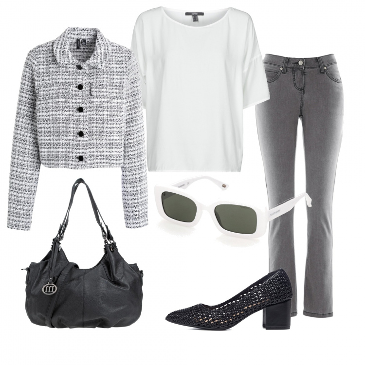 Outfit donna - Total look #1321674. Stile Urban per Tutti i giorni. Abbinamento con jeans slim fit, occhiali da sole, borse a spalla, blazer, camicie, décolleté.
