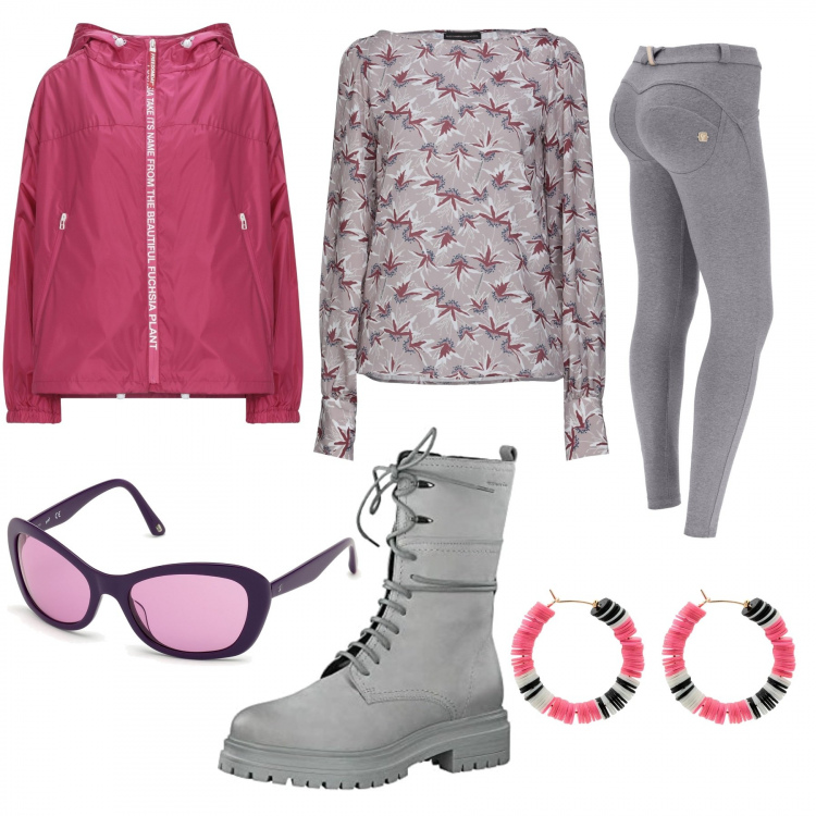 Outfit donna - Pink and Grey sporty lady. Stile Sporty chic per Tutti i giorni. Abbinamento con bluse, giacche, orecchini, occhiali da sole, pantaloni skinny, stivaletti.