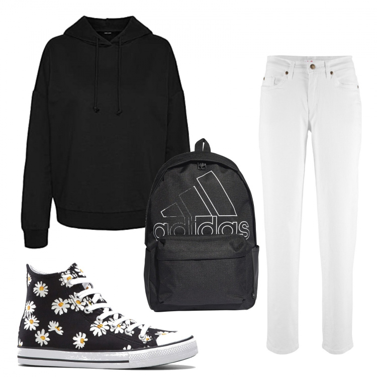 Outfit femme - Sport day. Style Tendance pour Tous les jours. Assortir avec jeans mom, sneakers, sweats à capuche, sacs à dos.