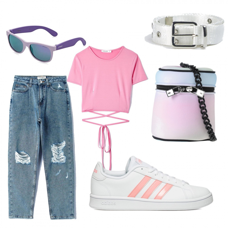 Outfit donna - Sneakers bianche. Stile Casual per Tutti i giorni. Abbinamento con sneakers, borse a tracolla, jeans mom, t-shirt, cinture, occhiali da sole.