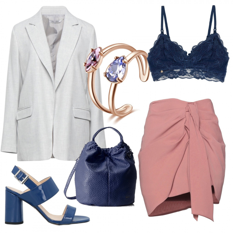 Outfit donna - Grigio rosa e blu. Stile Glamour per Serata fuori. Abbinamento con anelli, bralette, sandali col tacco, minigonne, blazer, borse a spalla.