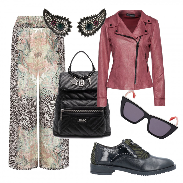 Outfit donna - Sulla moto. Stile Casual per Tutti i giorni. Abbinamento con pantaloni a palazzo, zaini, scarpe stringate, giacche, occhiali da sole, orecchini.