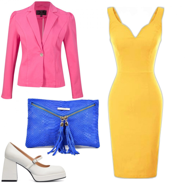 Outfit donna - Passione color block. Stile Chic per Ufficio. Abbinamento con pochette, camicie a manica corta, décolleté, vestiti a tubino.