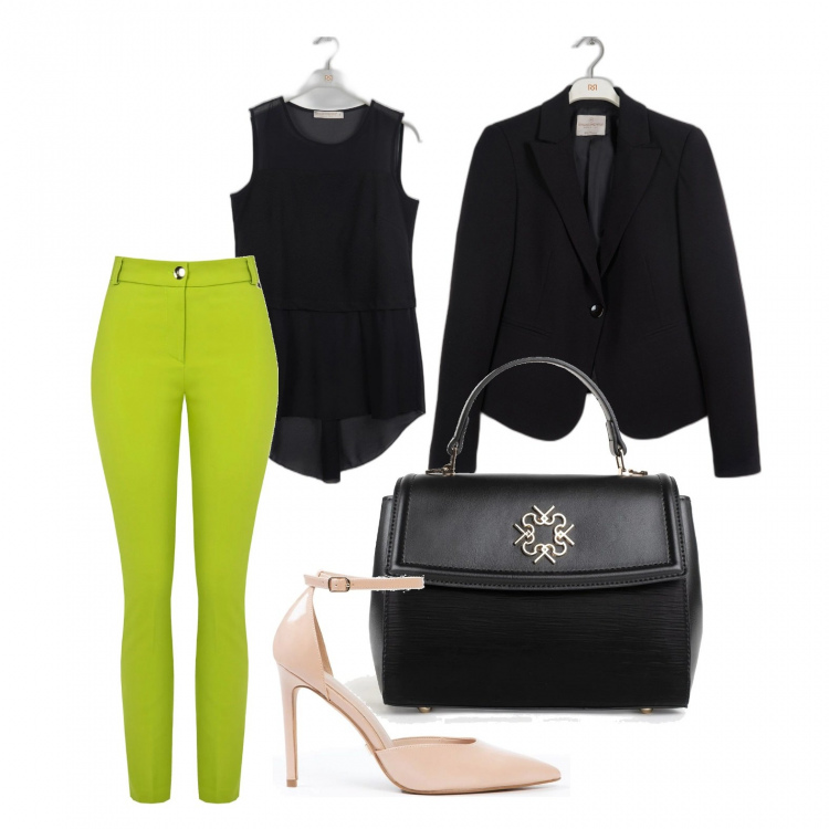 Outfit donna - Stile da cerimonia con Rinascimento. Stile Chic per Tutti i giorni. Abbinamento con blazer, top, pantaloni skinny, scarpe col tacco, borse a mano.