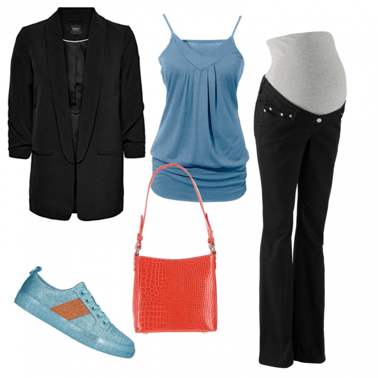 Outfit donna - Contrasti. Stile Basic per Ufficio. look ideale per Premaman. Abbinamento con top, pantaloni, sneakers, borse a mano, blazer.