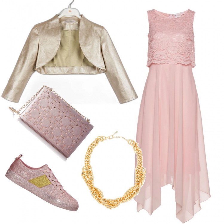 Outfit donna - Matrimonio in sneakers. Stile Glamour per Cerimonia. Abbinamento con vestiti midi/longuette, sneakers, collane, bolero, pochette.