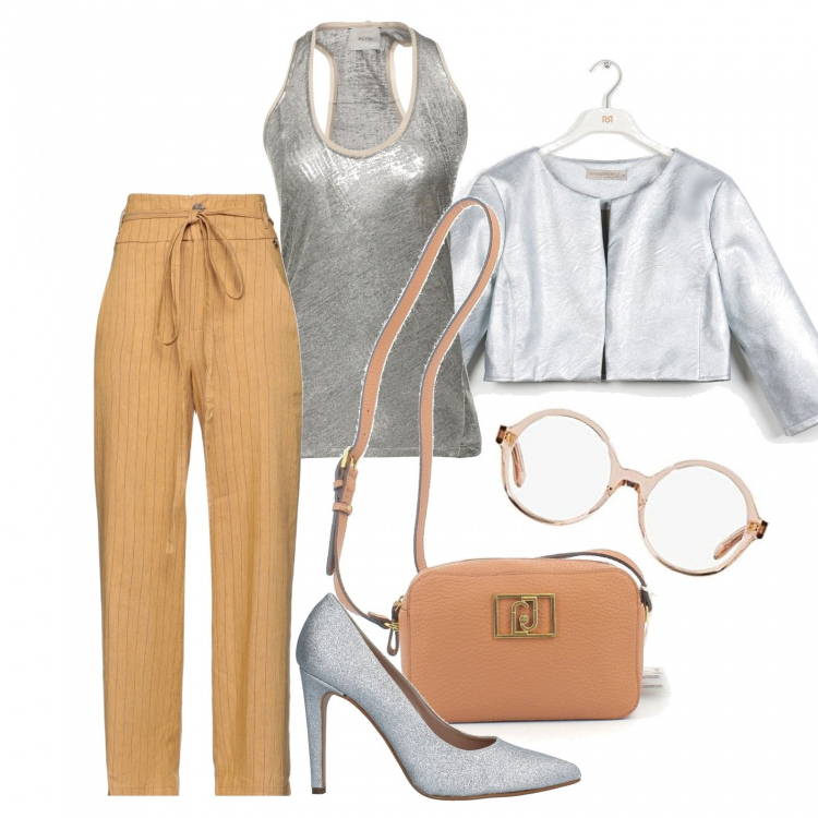 Outfit donna - Martedì brillante. Stile Casual chic per Tutti i giorni. Abbinamento con pantaloni, canottiere, décolleté, blazer, borse a tracolla, occhiali da sole.