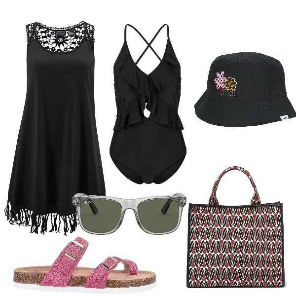 Outfit donna - Sapore di sale. Stile Basic per Mare. Abbinamento con costumi interi, vestiti da spiaggia, infradito, cappelli con visiera, shopping bag, occhiali da sole.