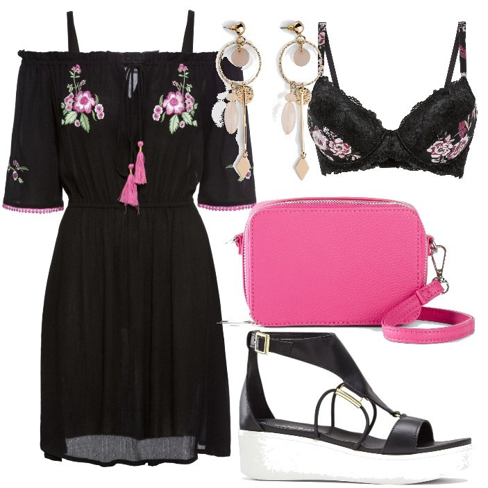 Outfit donna - BonPrix Flower Party. Stile Casual chic per Cerimonia. Abbinamento con vestiti a tubino, orecchini, vestiti, sandali col tacco, reggiseni.