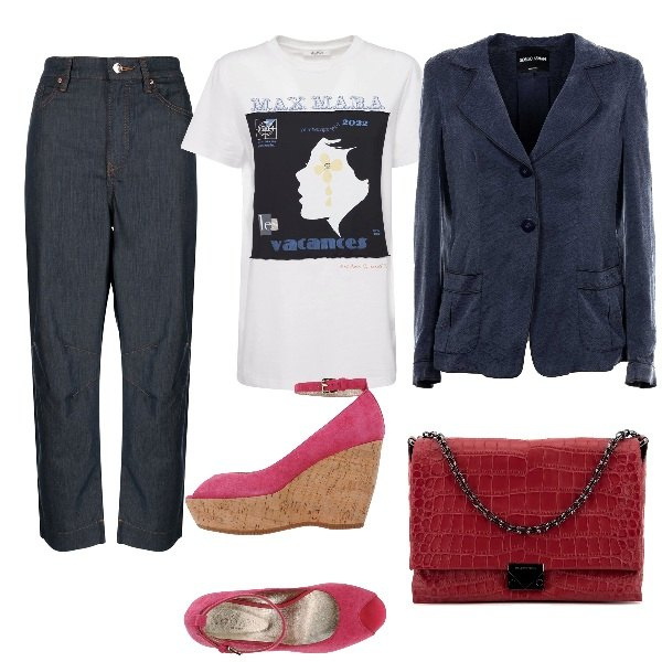 Outfit donna - In ufficio. Stile Chic per Ufficio. Abbinamento con décolleté, blazer, borse a tracolla, jeans dritti, t-shirt.