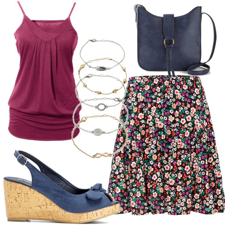 Outfit donna - BonPrix Flower Party gonna. Stile Casual chic per Tutti i giorni. Abbinamento con top, braccialetti con ciondoli, gonne, sandali col tacco, borse a tracolla.