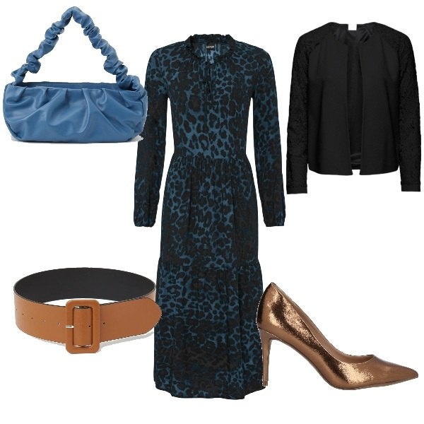 Outfit donna - Matrimonio in blu. Stile Chic per Cerimonia. Abbinamento con blazer, vestiti midi/longuette, décolleté, borse a mano, cinture.