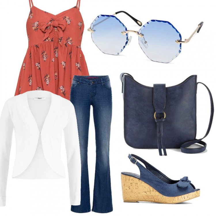 Outfit donna - Passeggiata al mare domenicale. Stile Casual per Mare. Abbinamento con jeans bootcut, top, sandali col tacco, blazer, borse a tracolla, occhiali da sole.