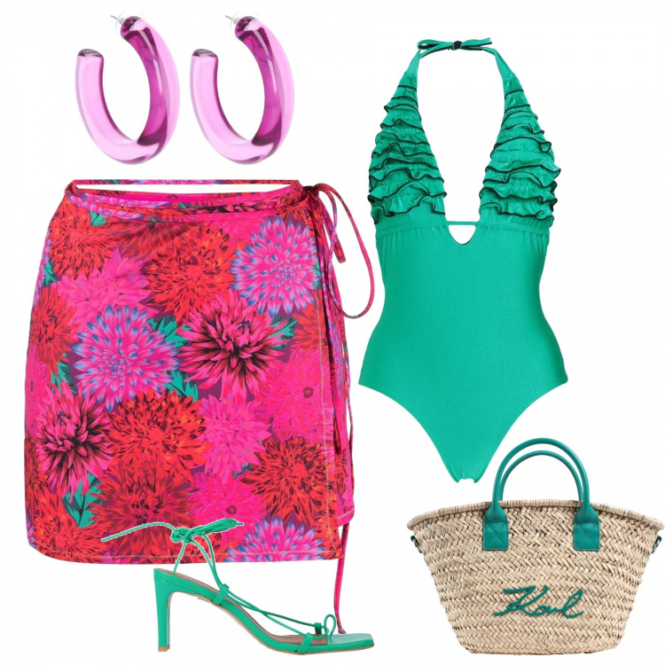 Outfit donna - Al mare. Stile Casual chic per Mare. Abbinamento con infradito, costumi interi, borse a mano, minigonne, orecchini.