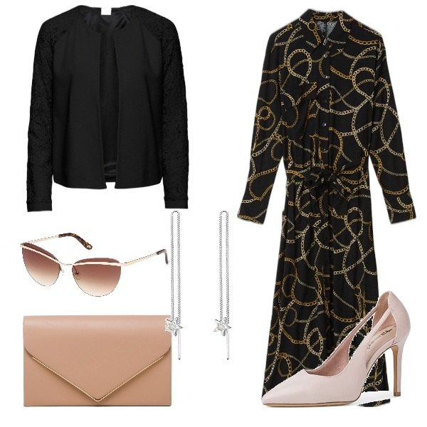 Outfit donna - Romantico nero. Stile Casual chic per Serata fuori. Abbinamento con blazer, occhiali da sole, vestiti chemisier, clutch, décolleté, orecchini.