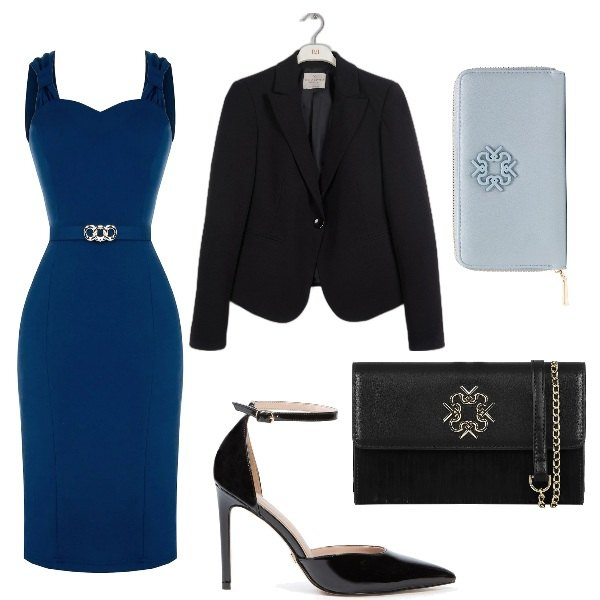 Outfit donna - Festa di pensionamento - Rinascimento. Stile Basic per Cerimonia. Abbinamento con blazer, vestiti a tubino, portafogli, scarpe col tacco, pochette.